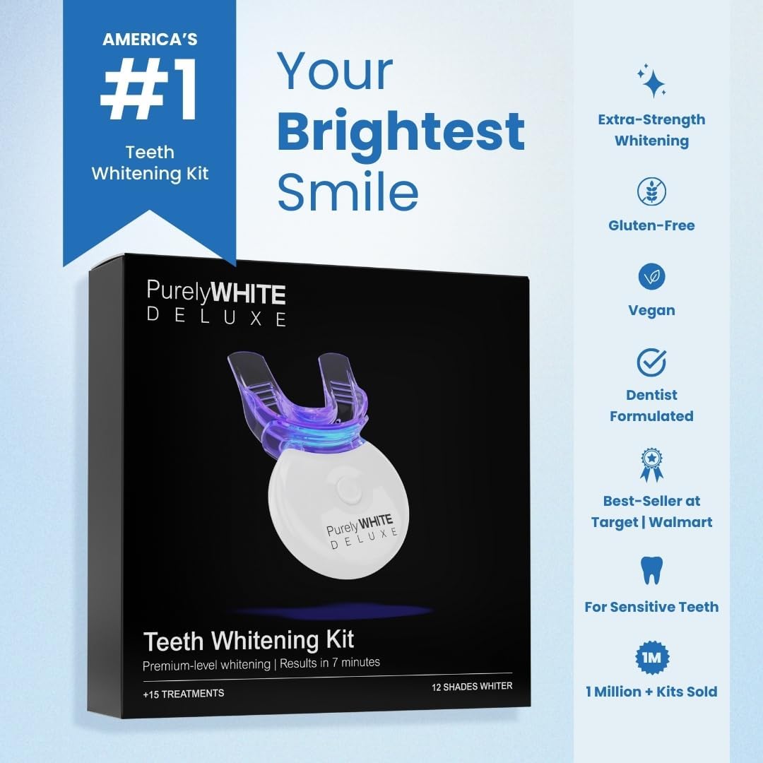 PurelyWHITE DELUXE Teeth Whitening Kit, Complete LED Teeth Whitening, 15+ Treatments, (3) 3ml Whitening Gel Syringes, Whiter Smile in 7 Minutes