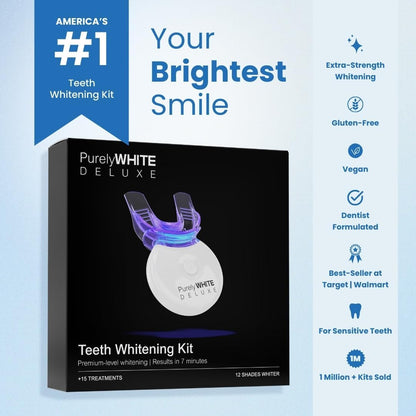 PurelyWHITE DELUXE Teeth Whitening Kit, Complete LED Teeth Whitening, 15+ Treatments, (3) 3ml Whitening Gel Syringes, Whiter Smile in 7 Minutes