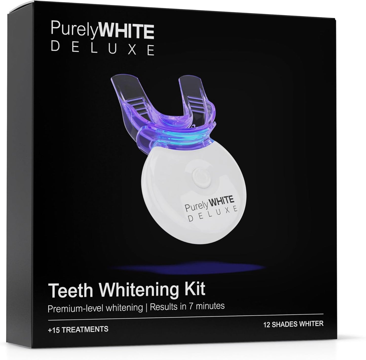 PurelyWHITE DELUXE Teeth Whitening Kit, Complete LED Teeth Whitening, 15+ Treatments, (3) 3ml Whitening Gel Syringes, Whiter Smile in 7 Minutes