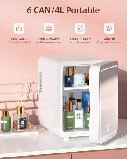 CUTIEWORLD Skincare Fridge with Dimmable LED Light Mirror, 4L Mini Fridge For Desktop, Travel or Cool & Heat, Makeup Fridge for Cosmetics, Skin Care and Food, White