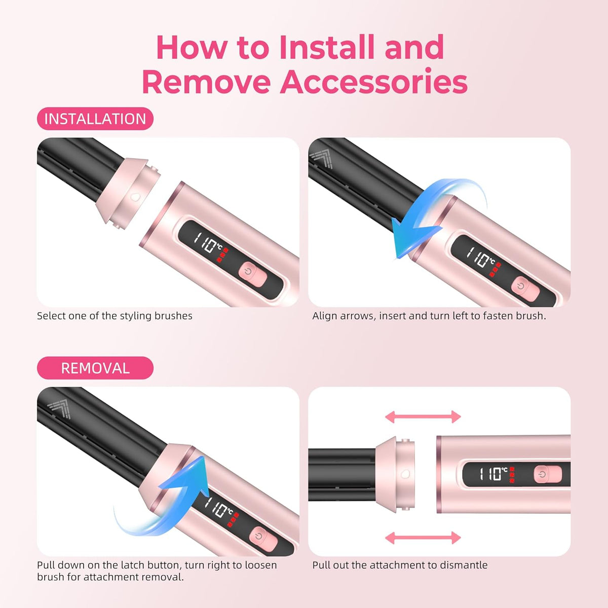 5 in 1 Hot Air Styler Brush, 1000W Hair Dryer with LCD Display, Auto Rotating Curler for Volumizing Fast Drying, Curling & Straightening Multi Styling Tools for All Hair with 3 Levels (Pink)