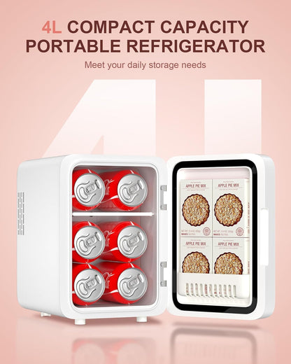 CUTIEWORLD Skincare Fridge with Dimmable LED Light Mirror, 4L Mini Fridge For Desktop, Travel or Cool & Heat, Makeup Fridge for Cosmetics, Skin Care and Food, White