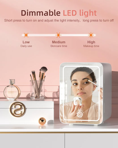 CUTIEWORLD Skincare Fridge with Dimmable LED Light Mirror, 4L Mini Fridge For Desktop, Travel or Cool & Heat, Makeup Fridge for Cosmetics, Skin Care and Food, White
