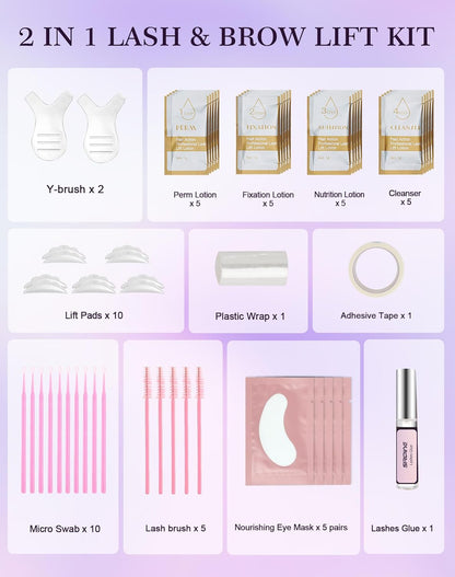 Lash Lift Kit, Eyelash Perm Kit, 5 Sets Lash Perm Kit Eyelash Lift Kit, Eyebrow Lamination Easy for Beginner, Professional Eyelash Curling Lash Extension Set, Home Achieve Semi-Permanent Curling