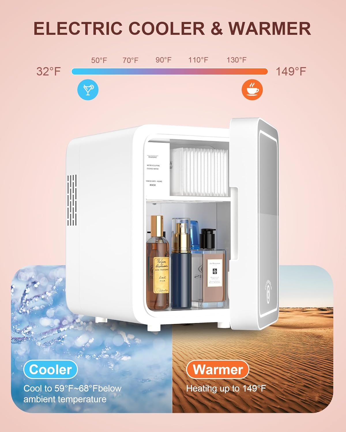 CUTIEWORLD Skincare Fridge with Dimmable LED Light Mirror, 4L Mini Fridge For Desktop, Travel or Cool & Heat, Makeup Fridge for Cosmetics, Skin Care and Food, White