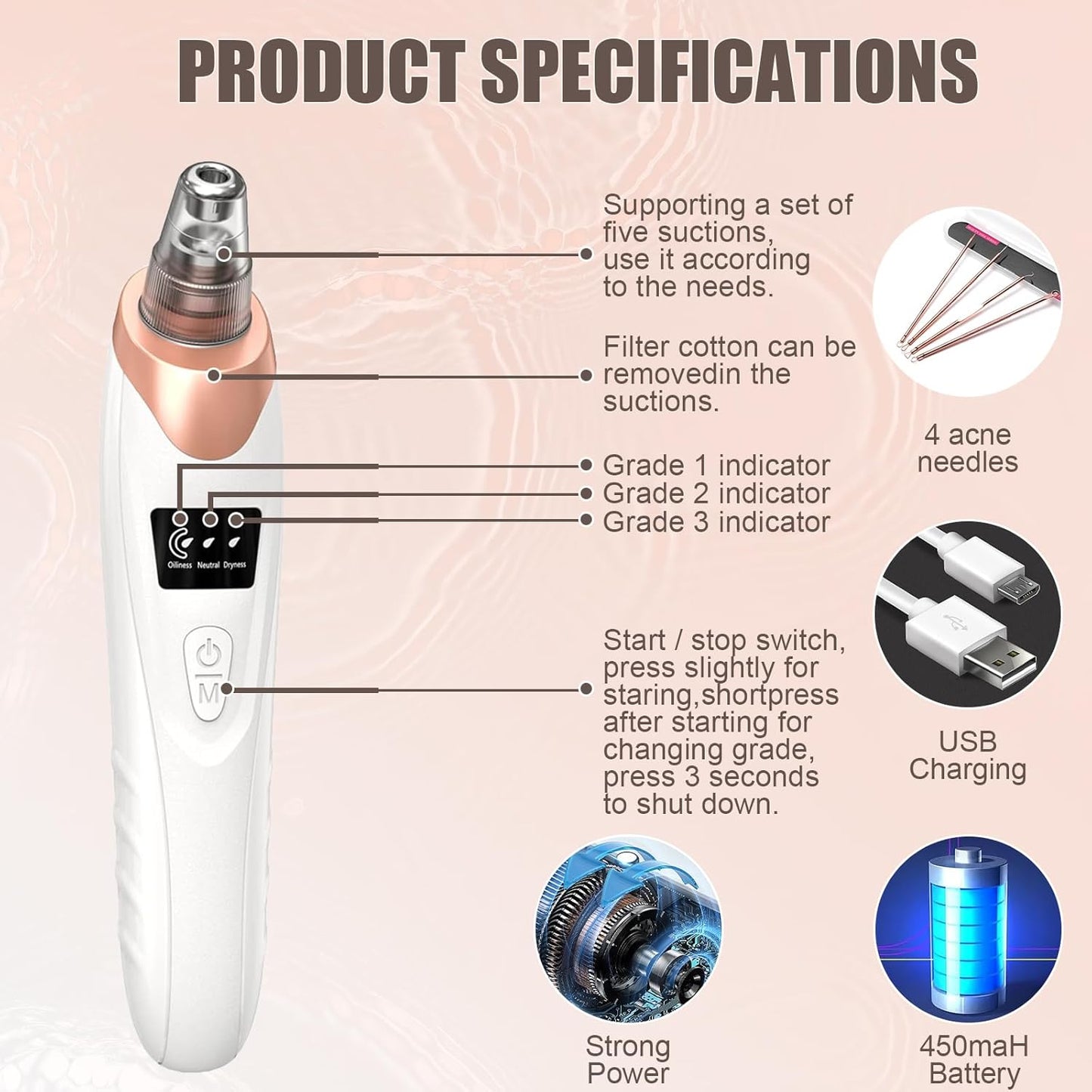 2026 Blackhead Remover Pore Vacuum,Facial Pore Cleaner-5 Suction Power,5 Probes,USB Rechargeable Blackhead Vacuum Kit Electric Acne Extractor Tool for Adult