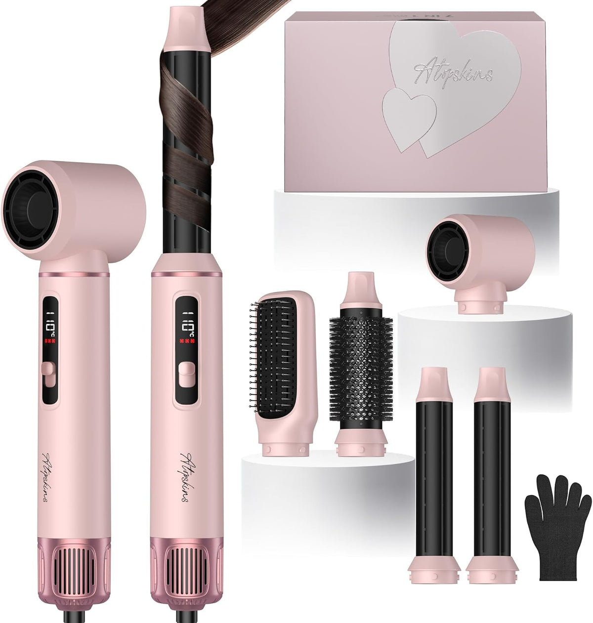 5 in 1 Hot Air Styler Brush, 1000W Hair Dryer with LCD Display, Auto Rotating Curler for Volumizing Fast Drying, Curling & Straightening Multi Styling Tools for All Hair with 3 Levels (Pink)