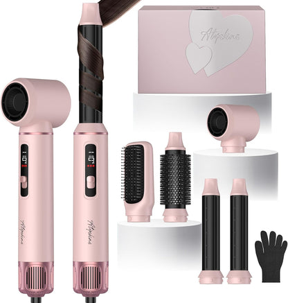 5 in 1 Hot Air Styler Brush, 1000W Hair Dryer with LCD Display, Auto Rotating Curler for Volumizing Fast Drying, Curling & Straightening Multi Styling Tools for All Hair with 3 Levels (Pink)