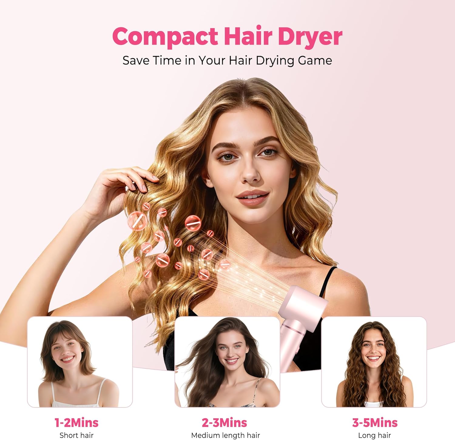 5 in 1 Hot Air Styler Brush, 1000W Hair Dryer with LCD Display, Auto Rotating Curler for Volumizing Fast Drying, Curling & Straightening Multi Styling Tools for All Hair with 3 Levels (Pink)