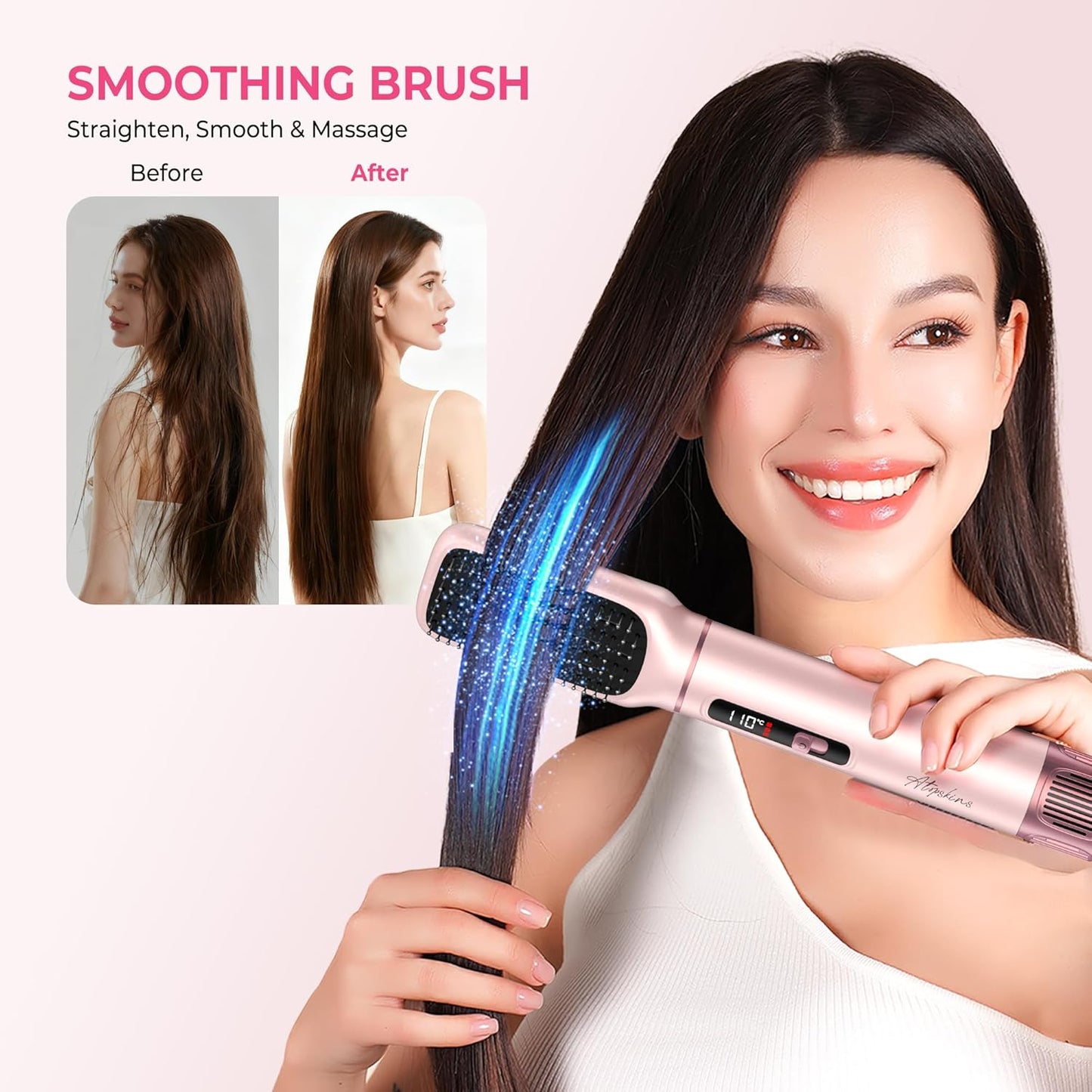 5 in 1 Hot Air Styler Brush, 1000W Hair Dryer with LCD Display, Auto Rotating Curler for Volumizing Fast Drying, Curling & Straightening Multi Styling Tools for All Hair with 3 Levels (Pink)