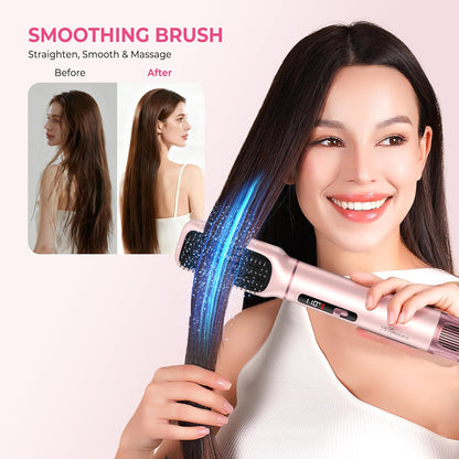 5 in 1 Hot Air Styler Brush, 1000W Hair Dryer with LCD Display, Auto Rotating Curler for Volumizing Fast Drying, Curling & Straightening Multi Styling Tools for All Hair with 3 Levels (Pink)