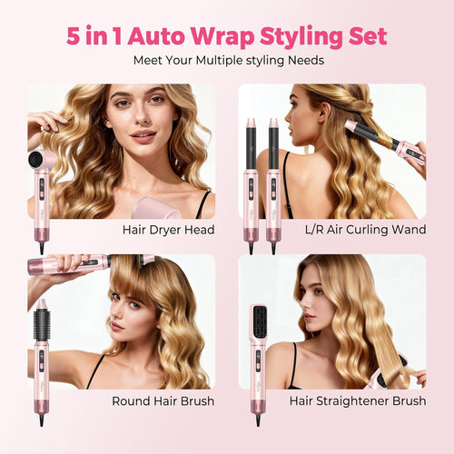 5 in 1 Hot Air Styler Brush, 1000W Hair Dryer with LCD Display, Auto Rotating Curler for Volumizing Fast Drying, Curling & Straightening Multi Styling Tools for All Hair with 3 Levels (Pink)