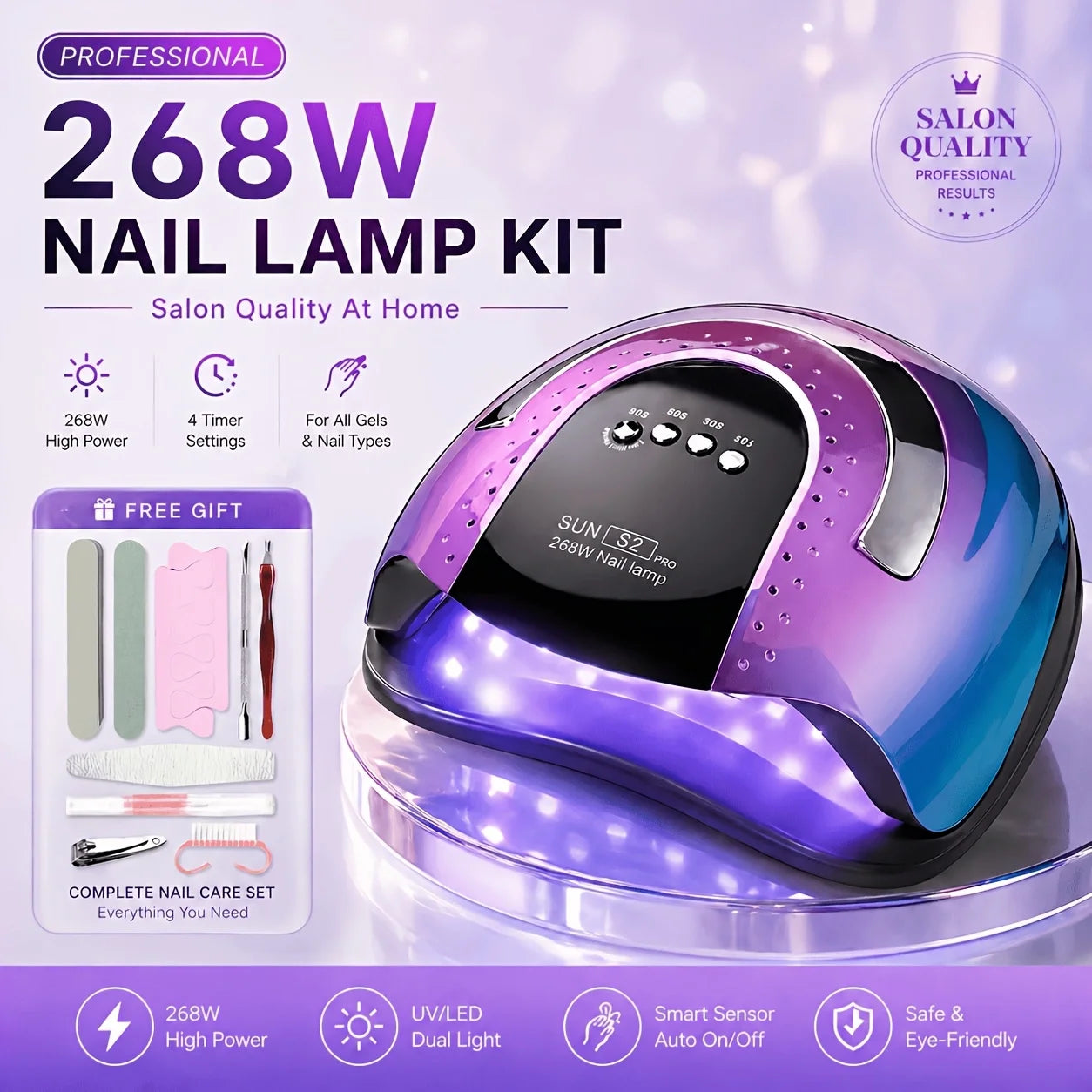 268W UV LED Nail Lamp Professional Gel Polish Drying Lamp For Manicure With Nail Tool Kit as Gift WHITE PINK PURPLE