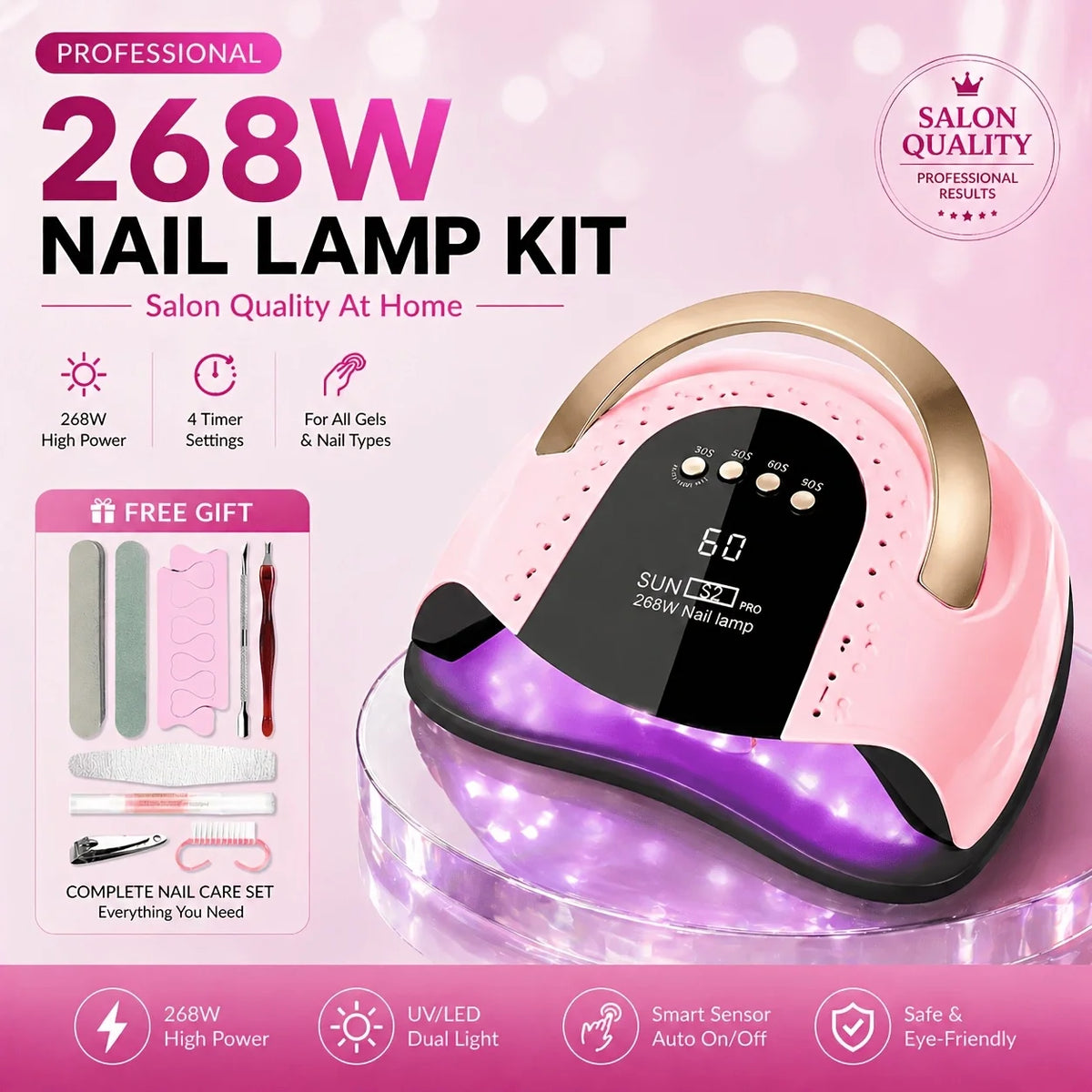 268W UV LED Nail Lamp Professional Gel Polish Drying Lamp For Manicure With Nail Tool Kit as Gift WHITE PINK PURPLE
