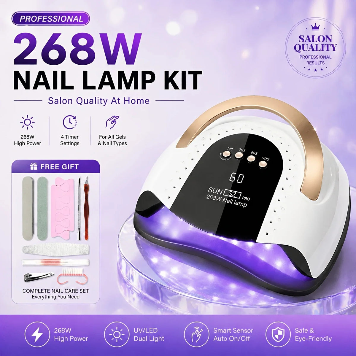 268W UV LED Nail Lamp Professional Gel Polish Drying Lamp For Manicure With Nail Tool Kit as Gift WHITE PINK PURPLE